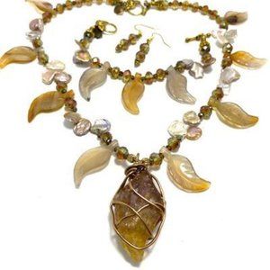 Handmade Jewelry Set by Surdigirl ~ Arkansas Quartz Pendant, Carnelian, Pearl